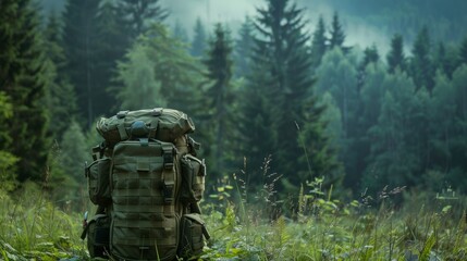 military bag is on the ground against the backdrop of a dense forest