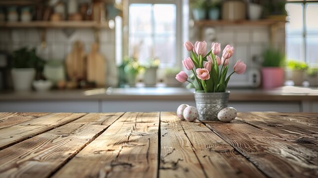 Empty wooden tabletop with blurred kitchen background, with easter theme