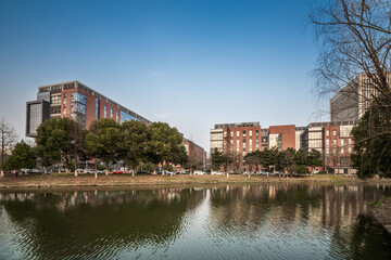 Modern Campus Buildings by Lake
