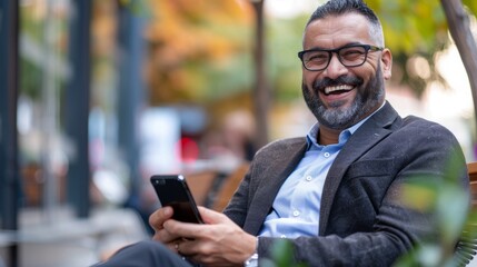 A cheerful businessman sits outdoors holding his phone