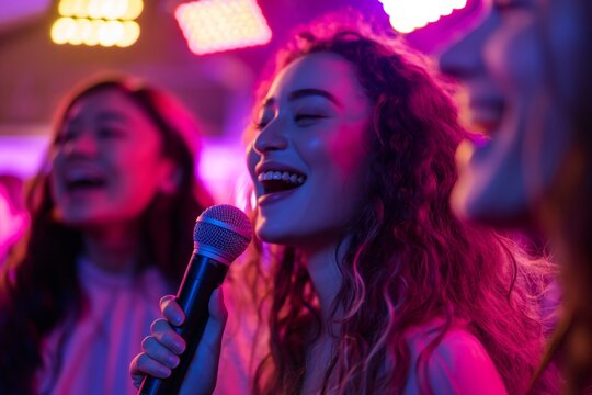 Woman singing with a microphone, friends in the background, vibrant pink and purple party lights