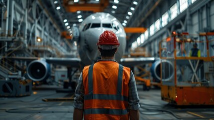Fototapeta premium male worker in a safety helmet and vest stands against a large plane