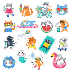 Hello Summer Cat collection. Vector illustration of colorful funny doodle summer cats, isolated on white background.