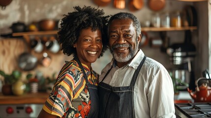 A happy senior couple stands in their kitchen, smiling at the camera. They are wearing aprons and seem to be enjoying their time together.