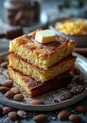 Cornbread - Moist cornbread slices with a pat of butter melting on top.