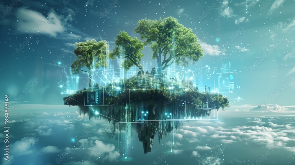 Poster a floating island in cyberspace with shimmering data streams and holograms embodies dynamic social m