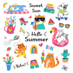 Hello Summer Cat collection. Vector illustration of colorful funny doodle summer symbols, such as flamingo, ice cream, palm tree. isolated on white background