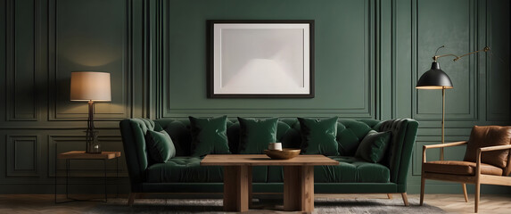 Frame mockup in modern dark living room interior background
