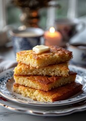 Cornbread - Moist cornbread slices with a pat of butter melting on top.