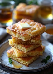 Cornbread - Moist cornbread slices with a pat of butter melting on top.