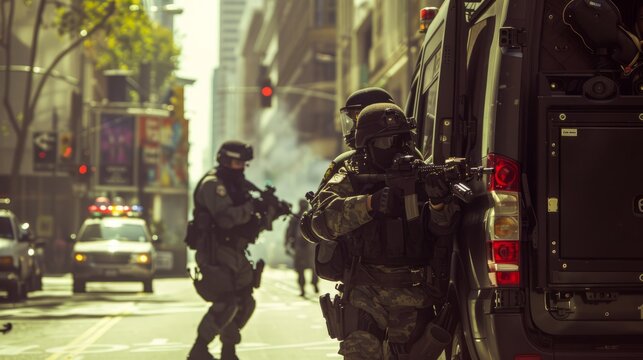 snap of a swat team coming in street place - Powered by Adobe