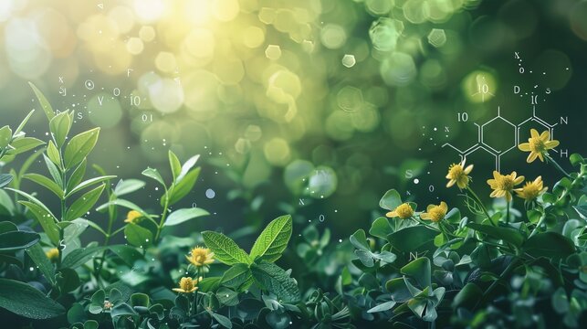 Biology laboratory of nature and science, plants with biochemical structure and chemical formula on green background