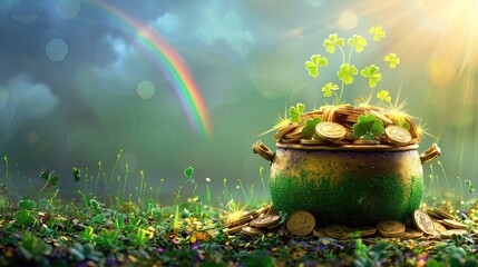 Big pot with gold coins, clover leaves and a rainbow above it. St. Patrick's Day celebration concept