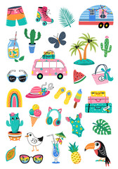 Fototapeta premium Hello Summer collection. Vector illustration of colorful funny doodle summer symbols, such as flamingo, ice cream, palm tree, flowers, cactus, glasses. isolated on white background