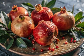 Close-up of fresh red pomegranates. Delicious fruits are bright red in color with drops of water. Vegetarianism. Healthy eating. Fresh fruits on the table.