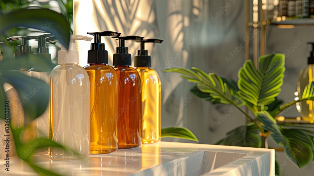 Poster four sleek bottles of shampoo and conditioner displayed on a white countertop in a contemporary bath