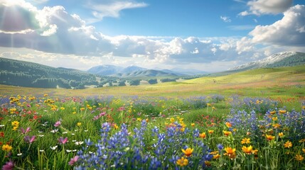 Stunning 3D meadow with vibrant wildflowers and rolling hills, perfect for nature lovers. 3D landscape terrain