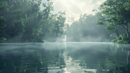 Tranquil 3D lakeside scene with mist rising off the water and a dense forest in the background, perfect for serene moments. 3D landscape terrain