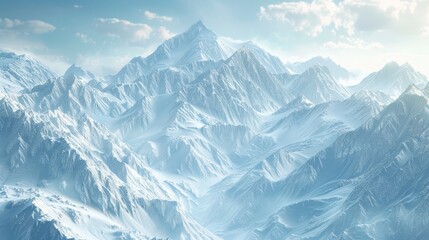 Fototapeta premium Breathtaking snow-covered peaks in a majestic 3D mountain landscape illuminated by sunrise. 3D landscape terrain