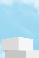 Sky blue,Cloud background, 3d White Podium step display mockup for cosmetic product present,Vector minimal backdrop scene grey Platform,Vertical Design banner for Spring,Summer background