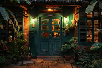 Naklejka premium Green door with plants beside building