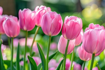 Fototapeta premium Close-up of vibrant pink tulips in full bloom – beauty, nature, gardening
