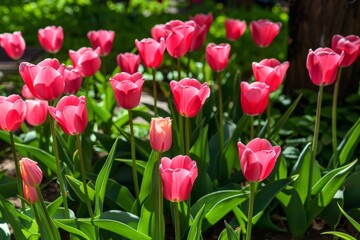Fototapeta premium Close-up of vibrant pink tulips in full bloom – beauty, nature, gardening