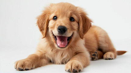 happy smile golden retriever puppy isolated white background