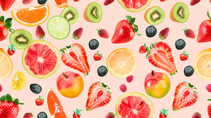 Obraz premium Photo wallpaper composition of refreshing and appetizing summer fruits. Vacation background. Strawberry, orange, grapefruit, kiwi, blueberries.