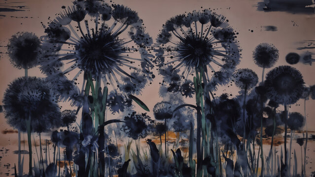 Fototapeta Dark gloomy grunge dandelions with muted blue color palette and watercolor like damage stains drawn on old faded paper.