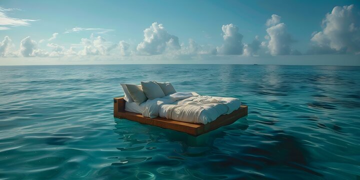 Luxurious double bed floating in the serene blue tropical sea - a dreamy vacation spot. Concept Luxury Travel, Tropical Paradise, Floating Bed, Serene Seascape, Dream Vacation
