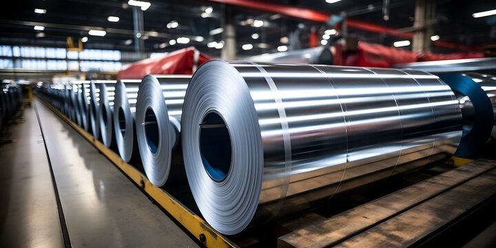 Galvanized steel sheet rolls used in an industrial environment. Concept Industrial Metal Fabrication, Galvanized Steel Usage, Manufacturing Materials, Steelworking Practices