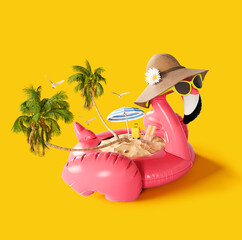 Summer vacation concept. Pink flamingo with palm trees and accessories on vibrant yellow background. 3D Rendering, 3D Illustration