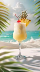 Tropical Beach Paradise: Refreshing Pina Colada Cocktail at Sunset