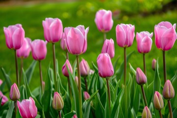Fototapeta premium Close-up of vibrant pink tulips in full bloom – beauty, nature, gardening