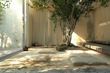 Multiple pillows strewn across the floor in room