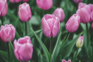 Fototapeta premium Close-up of vibrant pink tulips in full bloom – beauty, nature, gardening