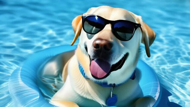 Happy dog ​​swims in the pool wearing sunglasses.