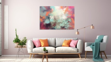 Modern Living Room With Abstract Wall Art And Colorful Accents. Generative AI