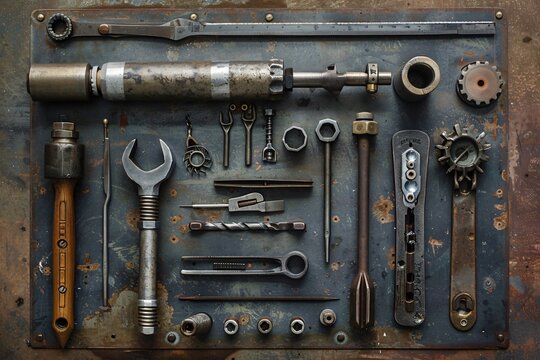 Close-up metal tool tray various tools