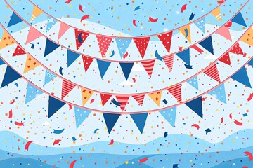 Obraz premium Colorful festive bunting flags and confetti against a light blue background, perfect for celebrations, parties, and joyful events.