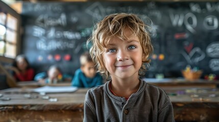 Fototapeta premium Kid in class on background of blackboard