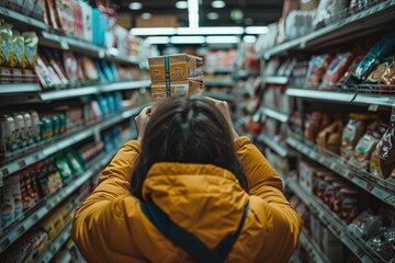 Obraz premium A person in a grocery store aisle holding a package up to eye level for inspection