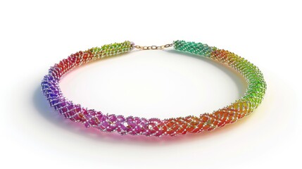 Elegant multicolored beaded necklace on white background, showcasing vibrant intertwined patterns suitable for fashion and jewelry themes.