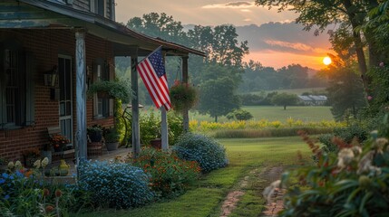 American flag hanging proudly on a front porch.