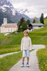Children, boy brothers in Switzerlands Alps on a spring day with pet maltese dog, traveling.