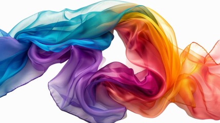 Fototapeta premium Vibrant and colorful sheer fabric flowing gracefully, creating a wave-like pattern against a plain white background.