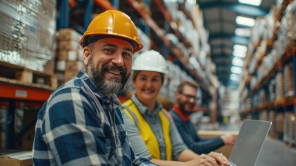 A successful warehouse team was watching a slideshow presentation on a laptop. Cheerful logistics workers are having a staff meeting in a large distribution warehouse.