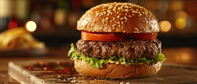 Juicy beef burger with crispy lettuce and tomato slice