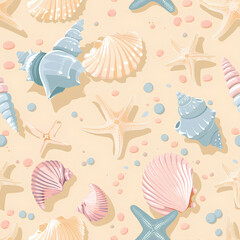  Pastel Seashell and Starfish Pattern, Beach Theme, Light Beige Background